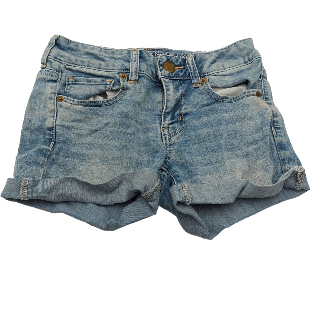 American Eagle MIDI Super Stretch Denim Shorts Light Wash Cuffed Size 4